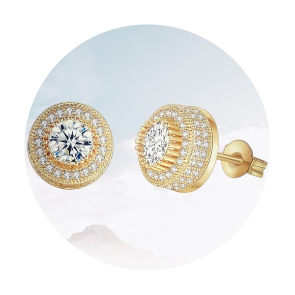 NEW 18K Gold-Plated Steel Micro Pavé Rhinestone Halo Stud Earrings Unisex - Picture 11 of 13